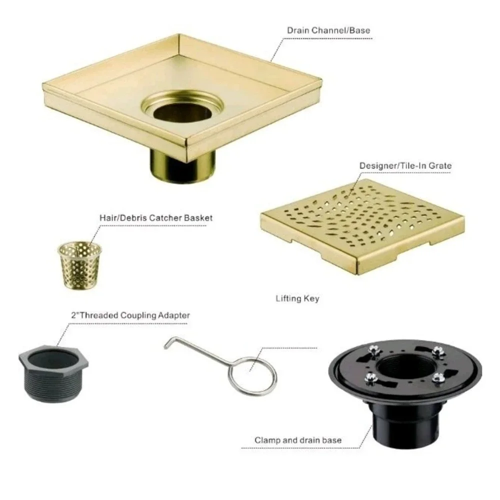 Gold Brushed Shower Drain with Flange  SUS 304 Stainless Steel 6 Inch Square Sh
